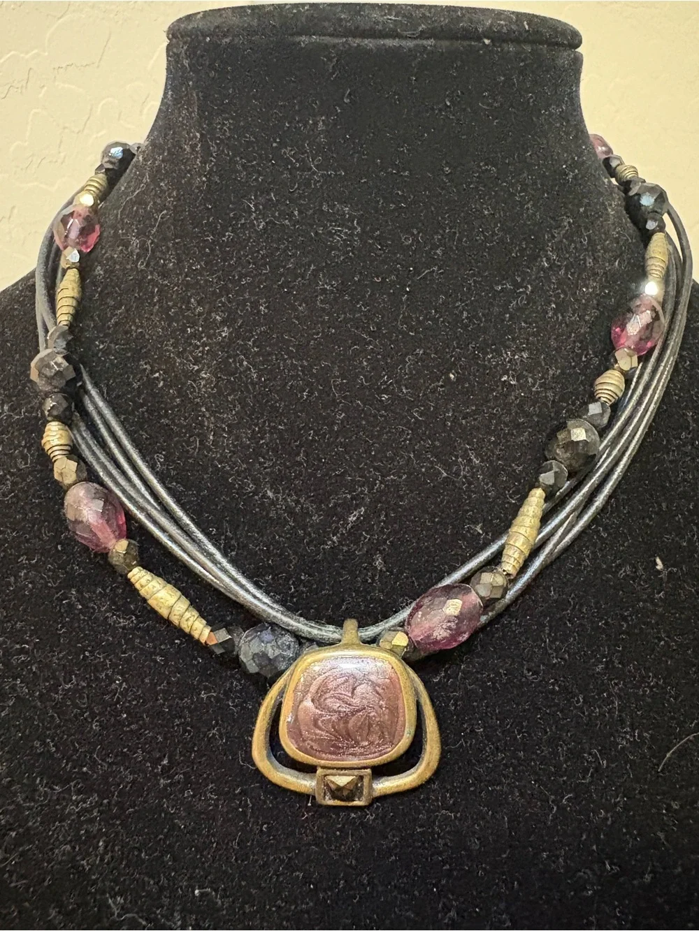 Chico's Black, Purple and Gold Multistrand Pendant Necklace